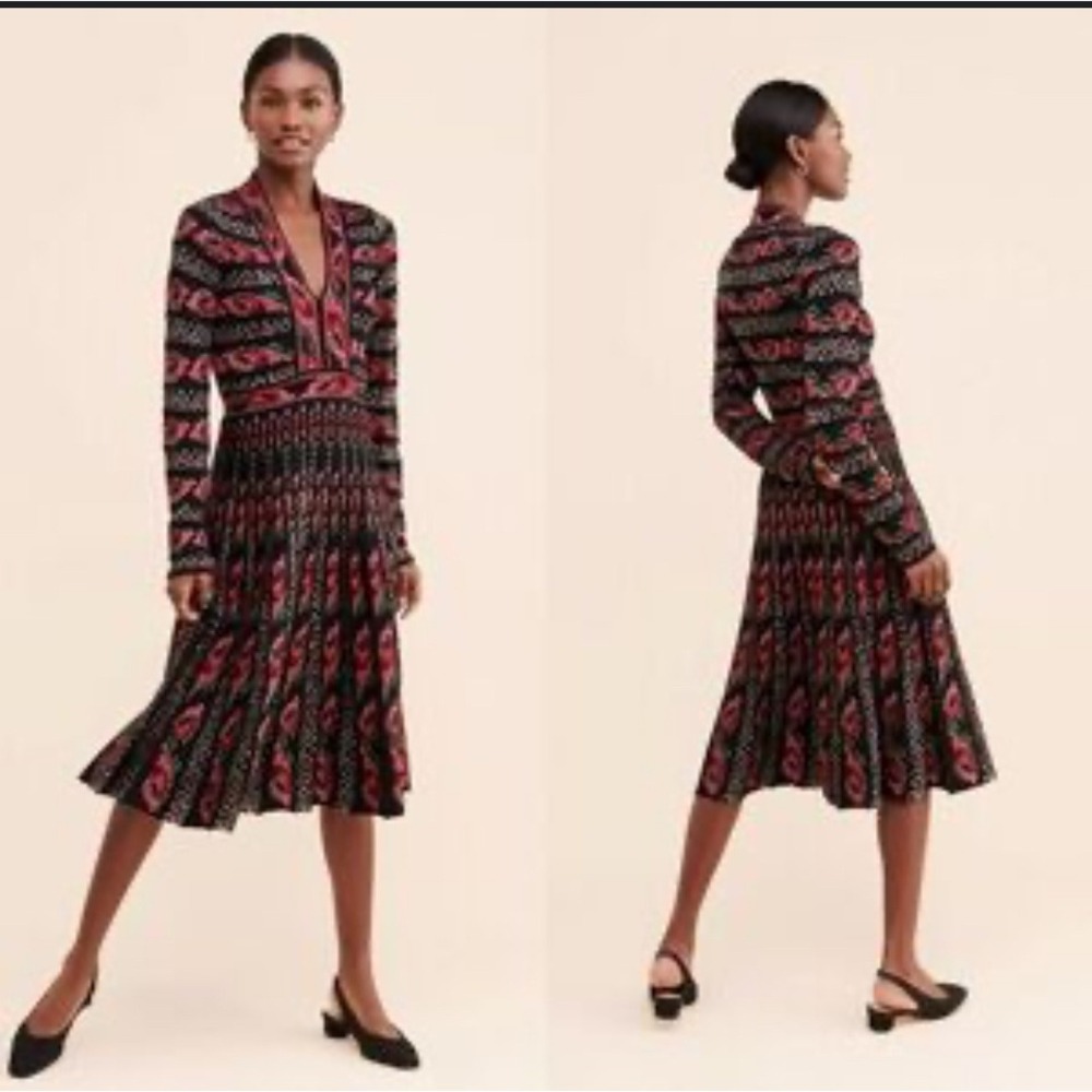 Cecilia Prado Anthropologie Red‎ Black Dress Long Sleeve Floral Leopard Print S